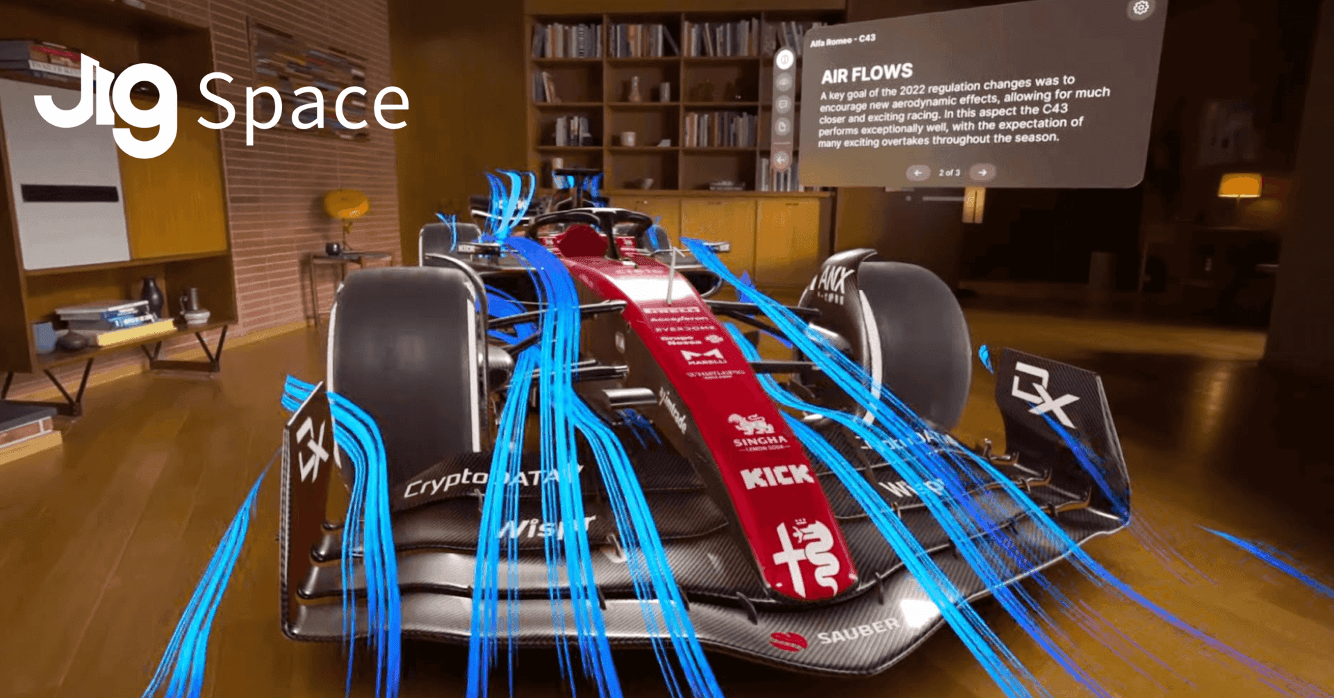A high-fidelity 3D visualization of a Formula 1 car using JigSpace on a spatial computing platform.