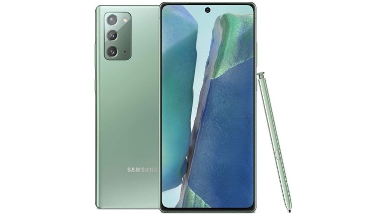 A clean product render of the Samsung Galaxy Note 20 in light green.