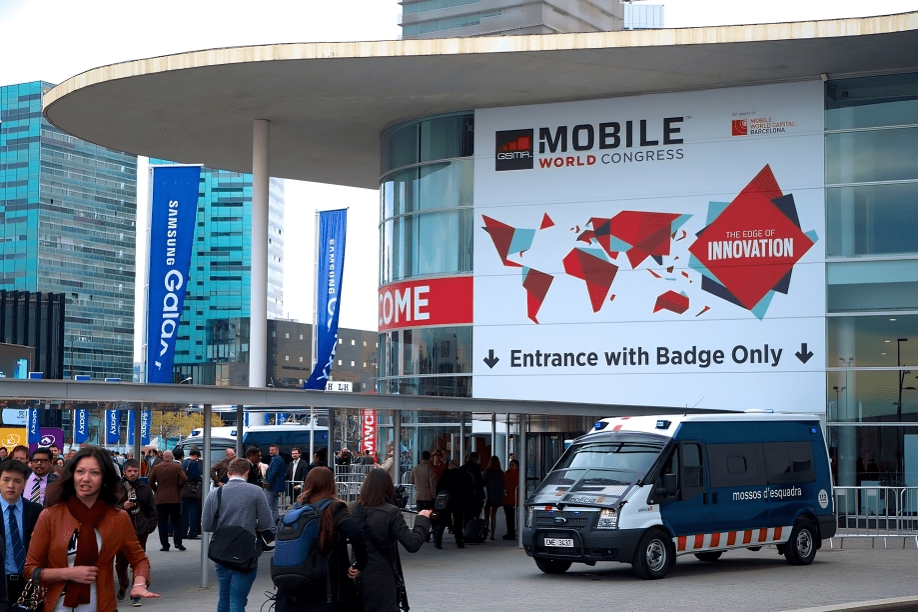 Exterior shot of the Fira Gran Via entrance with MWC 2025 branding.