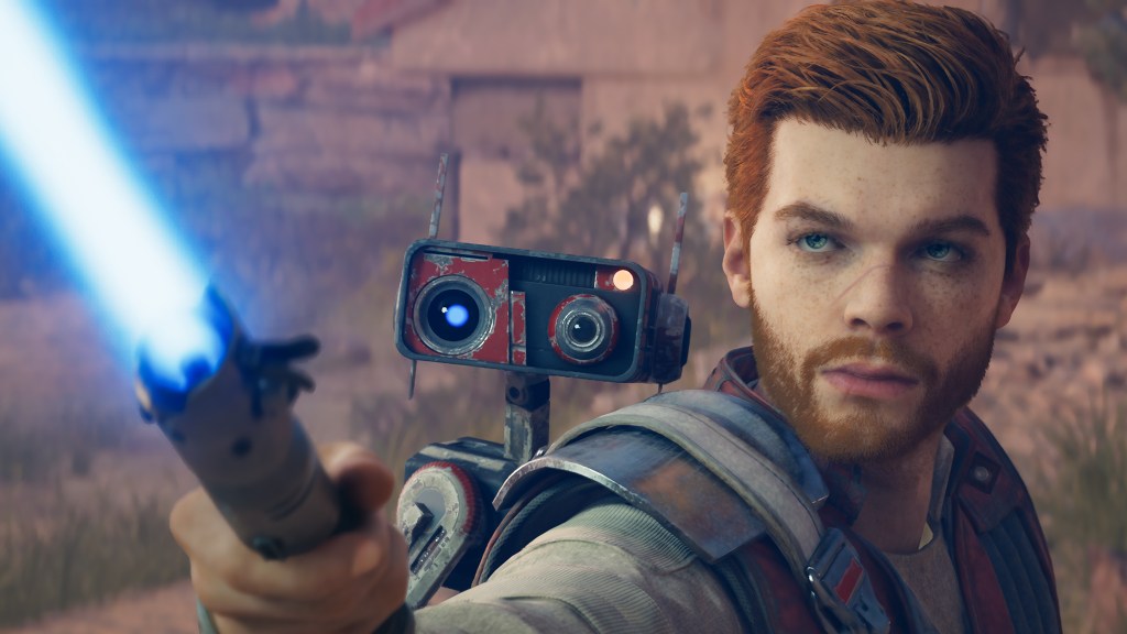 Cal Kestis and his droid BD-1 examining a lightsaber hilt in Star Wars: Jedi Survivor.