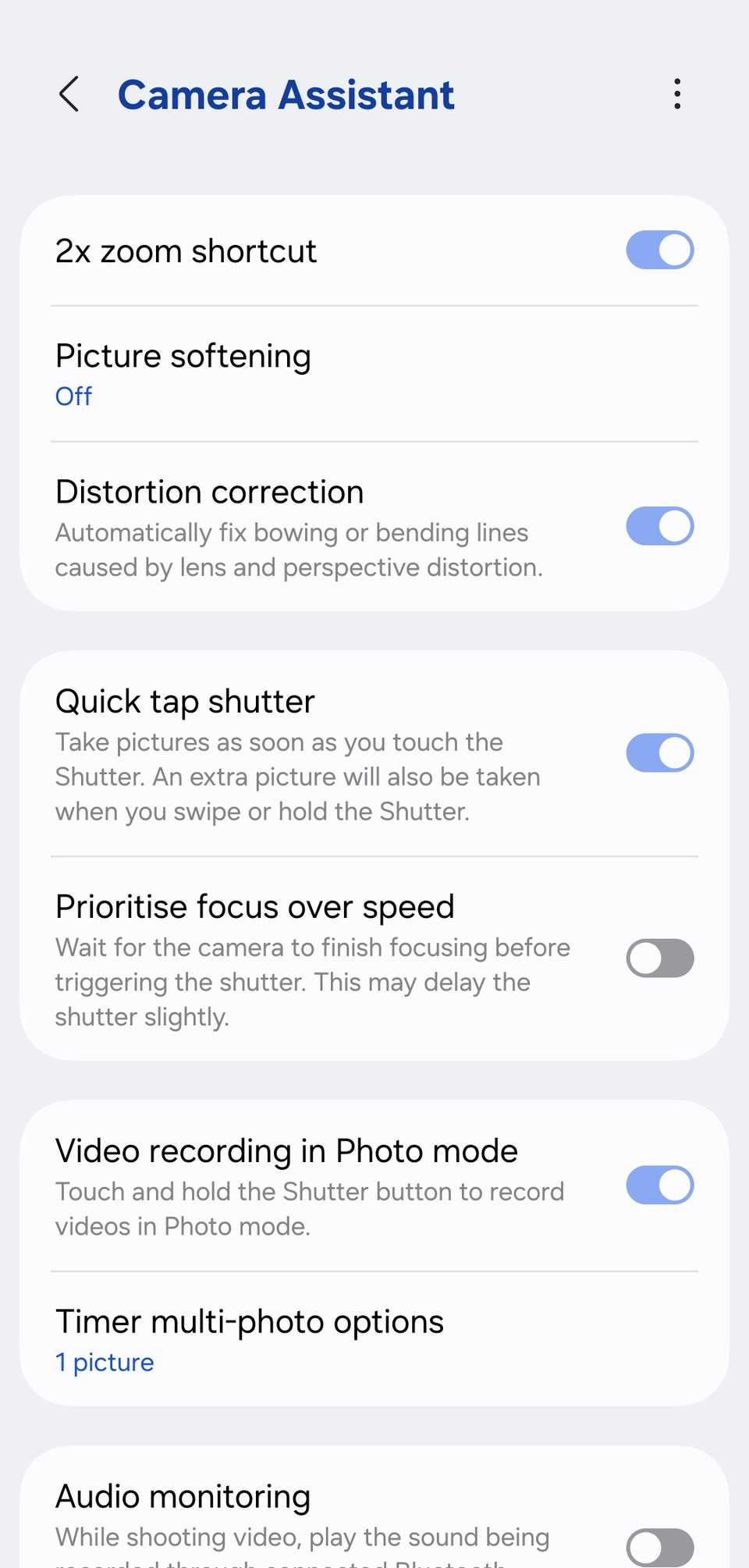 Camera Assistant menu showing the 'Quick tap shutter' setting enabled.