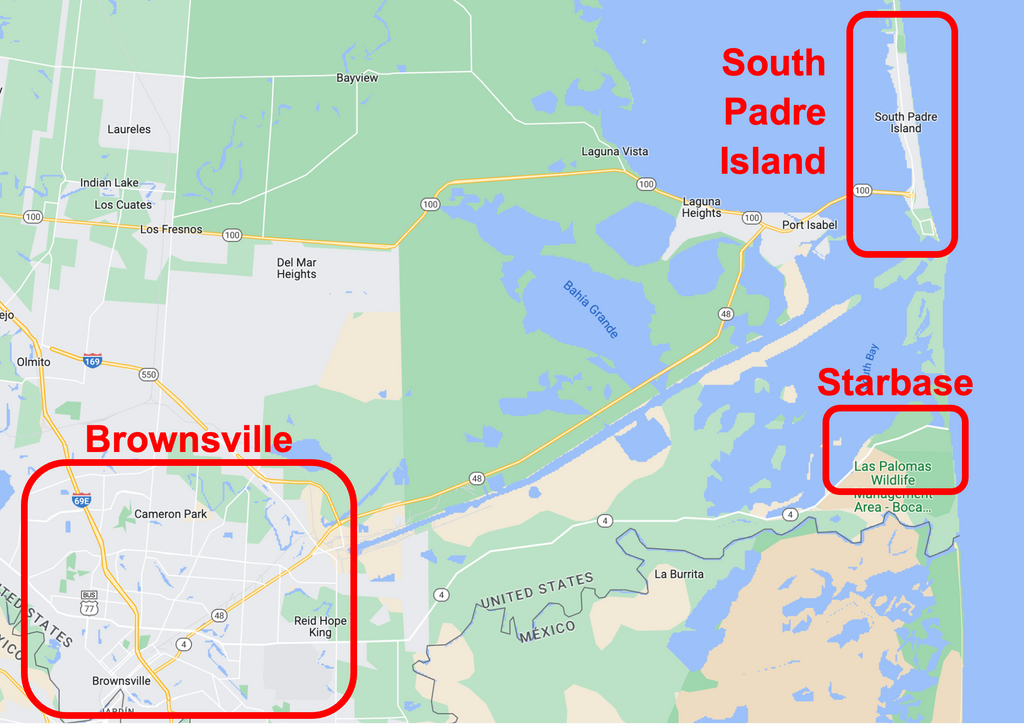 A regional map highlighting the proximity of South Padre Island, Brownsville, and the SpaceX Starbase launch site.
