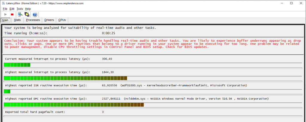 LatencyMon software interface showing a red warning bar for DPC latency