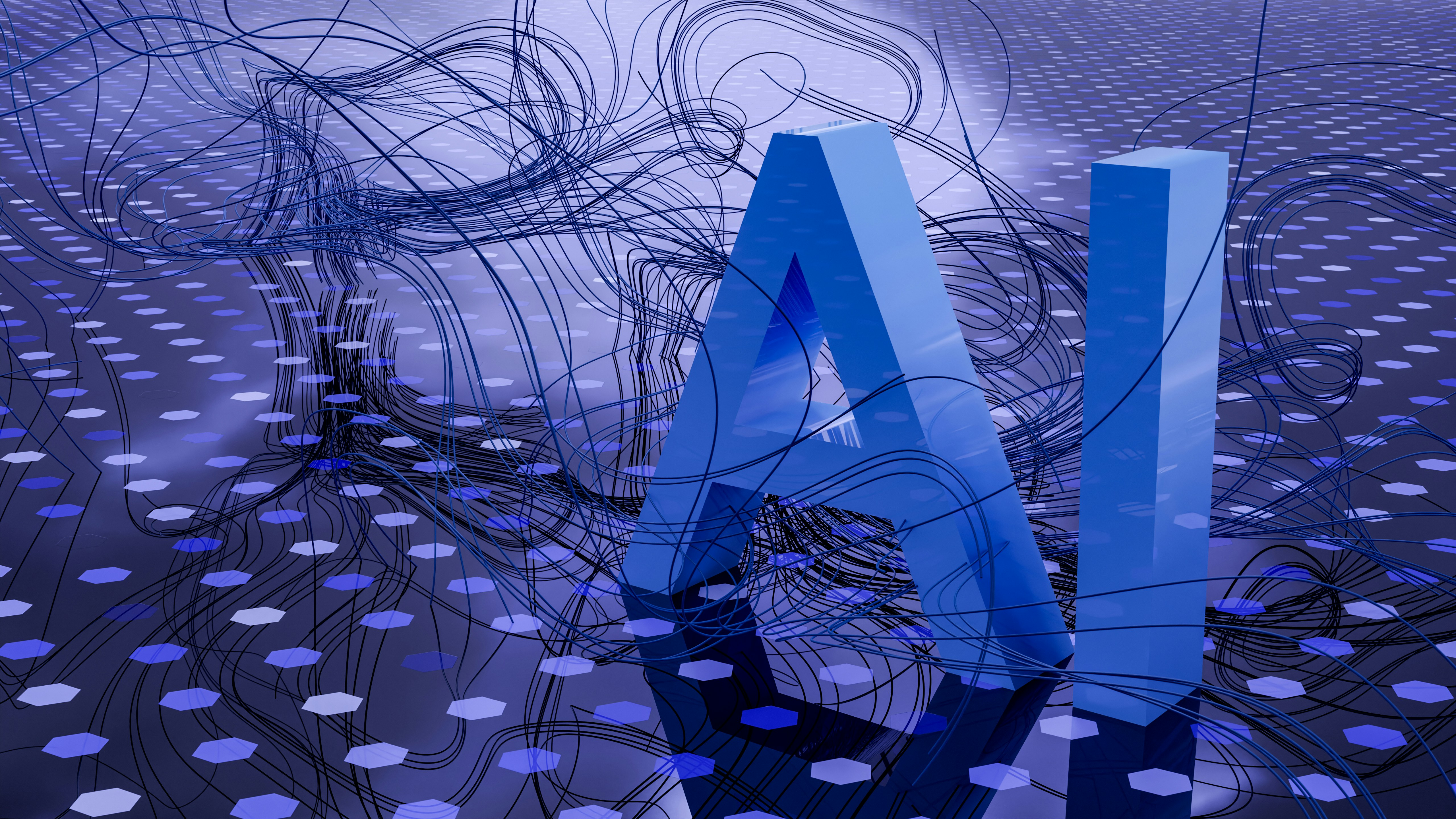 An abstract blue digital network representing interconnected AI nodes and infrastructure.