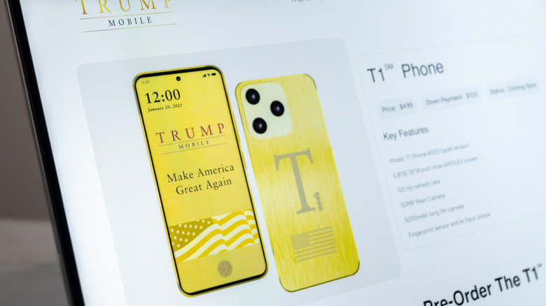 Screenshot of the official Trump Mobile T1 preorder page showing the device and pricing.