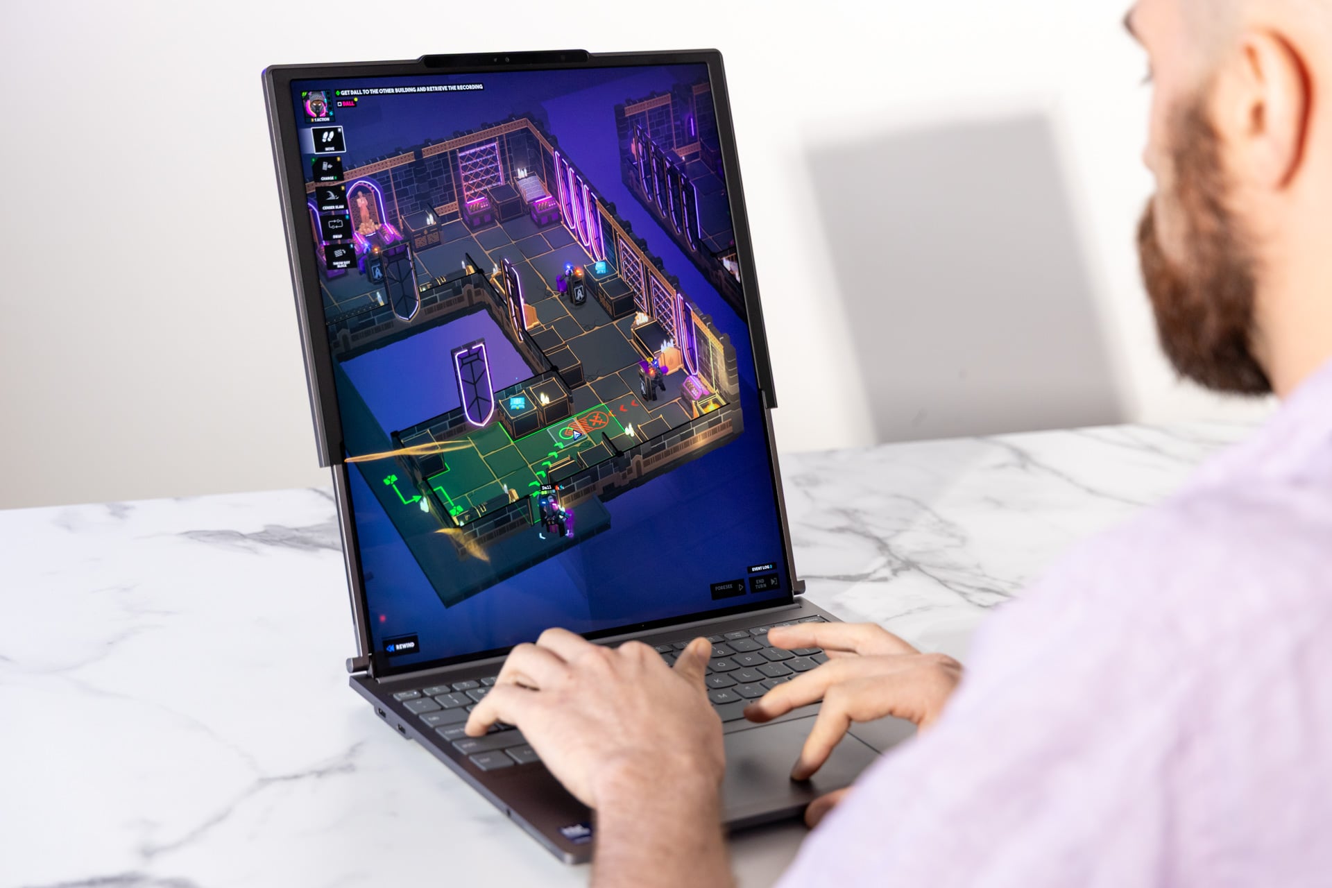 Side view of the Lenovo ThinkBook Plus Gen 6 Rollable highlighting its chassis thickness and port placement.