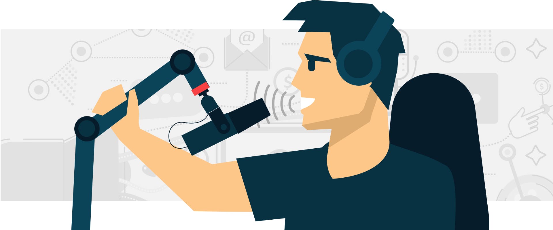 A podcaster speaking into a high-quality condenser microphone in a studio.