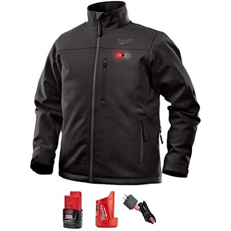 The Milwaukee M12 Heated Toughshell jacket being worn on a job site.