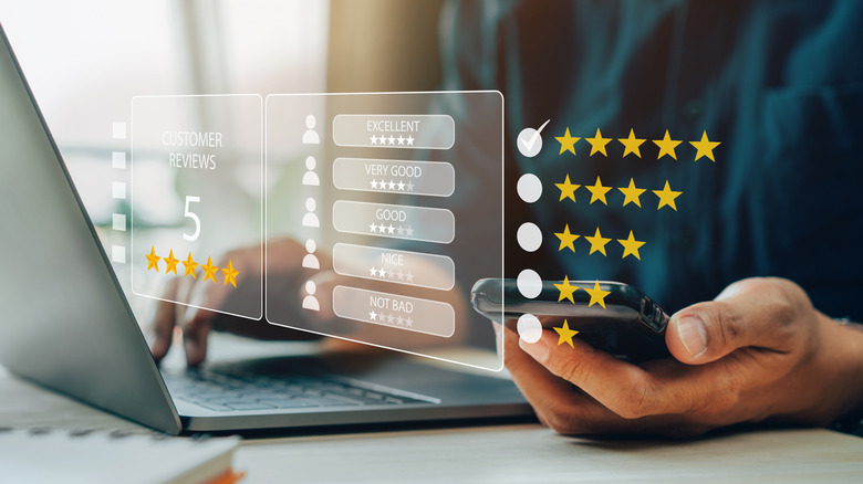 Graphic showing five stars and a hand selecting a top rating.