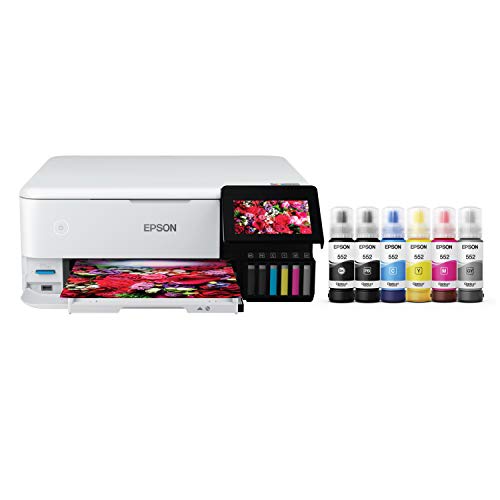 Front view of the Epson Ecotank ET-8500 printer highlighting its sleek design.