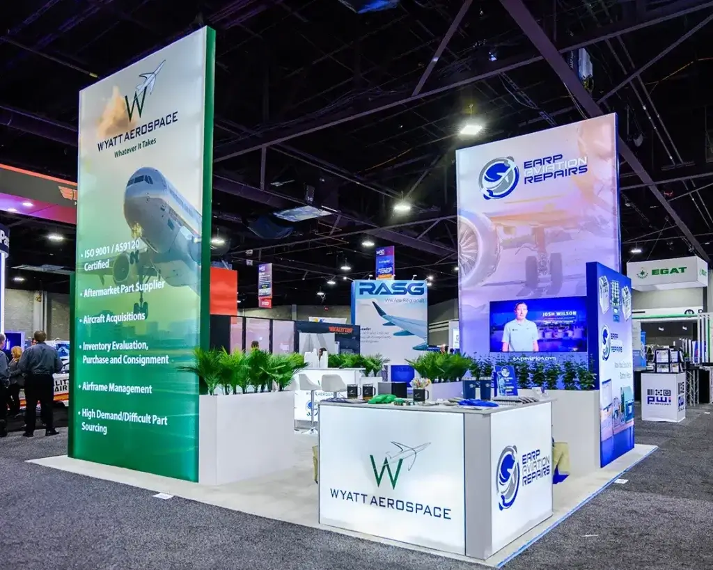 A professional exhibit booth at the MRO Americas aerospace trade show.