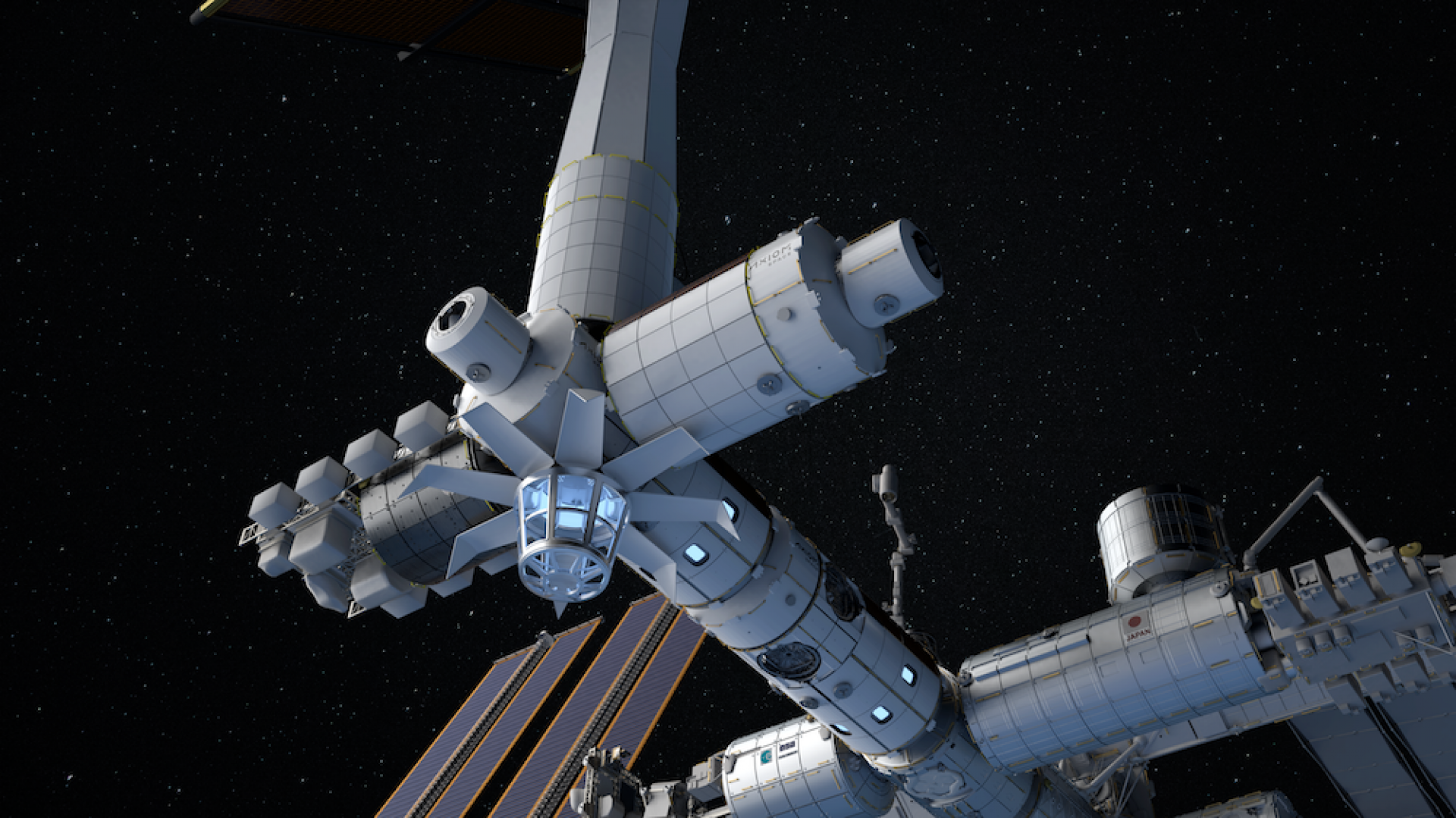 A digital render showing an Axiom module attached to the port of the International Space Station.