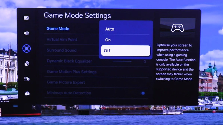 A Samsung TV settings screen showing Game Mode options within the external device manager.