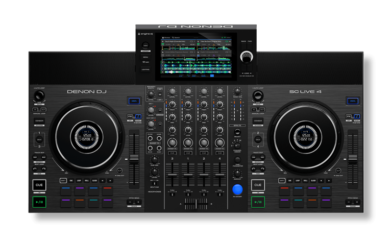 Overhead top view of the Denon DJ SC Live 4 standalone controller with built-in screen.