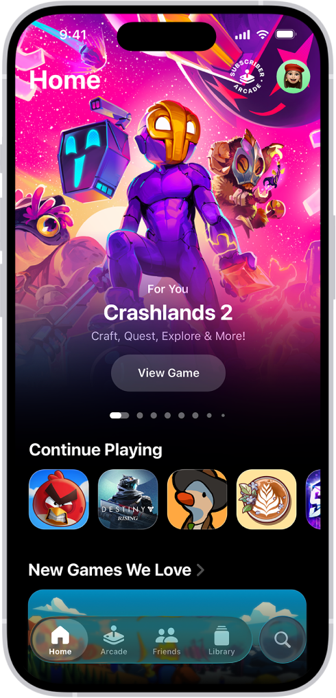 The Home tab of the new Apple Games app showcasing recommendations and event tracking.