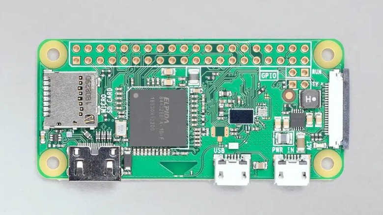 Top view of a Raspberry Pi Zero W microcomputing module.