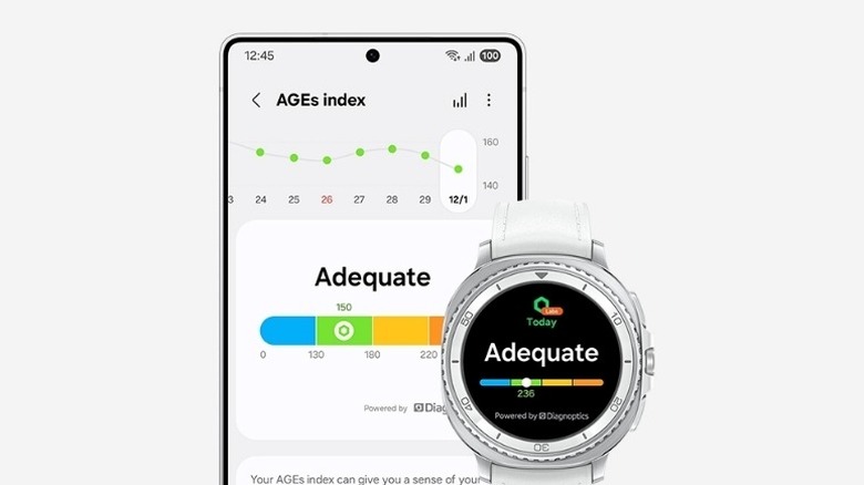 Samsung Health app screens displaying the AGEs Index with a color-coded gauge representing glycation levels and metabolic health.