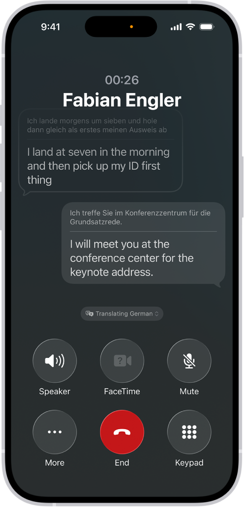 The iOS Phone app interface showing a real-time translation between German and English during a call.