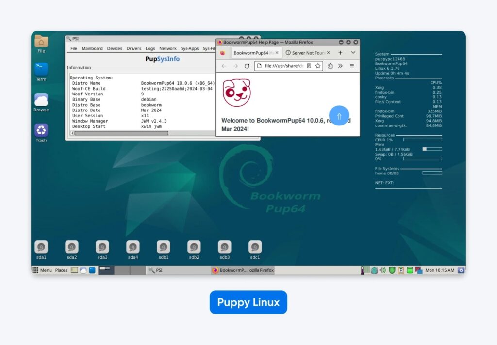 A screenshot of the Puppy Linux desktop environment showing its lightweight icons and taskbar.