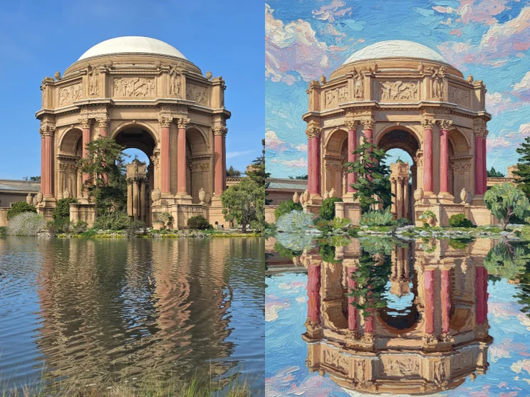 A split-screen comparison of a photo before and after applying Galaxy AI artistic reimagining.