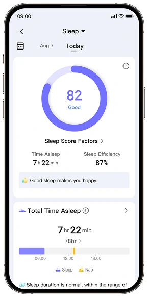 Smartphone screen displaying the RingConn mobile app's comprehensive sleep tracking and recovery insights.