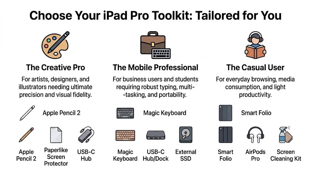 Infographic showing various iPad Pro accessory bundles categorized by user types such as students and artists.