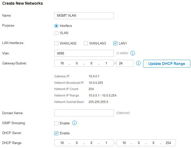 A software interface for configuring a new LAN network as a VLAN interface.