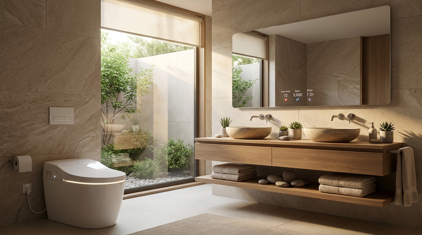 Luxury bathroom interior showcasing smart home health monitoring features.