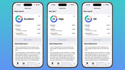 The Sleep Score interface on watchOS showing a numerical sleep quality rating.