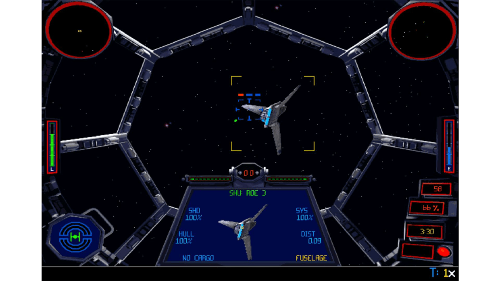 A TIE Fighter cockpit view during a space battle in the Star Wars: TIE Fighter simulation game.
