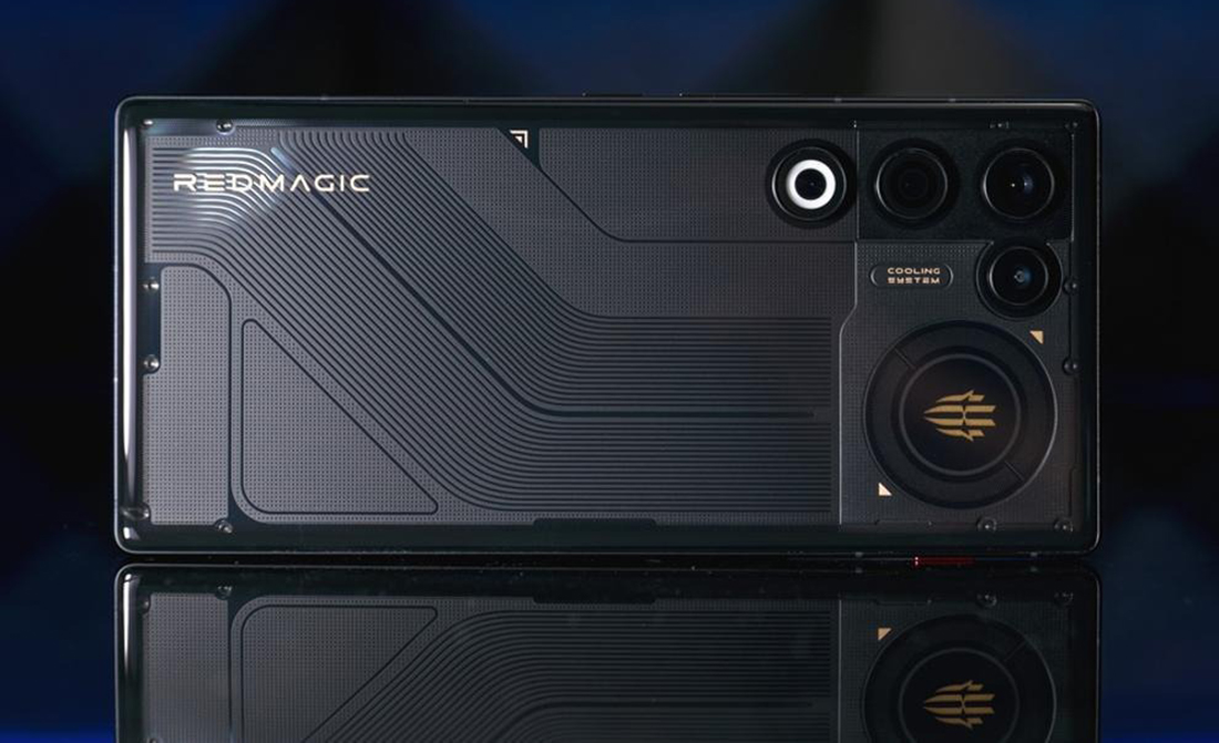The transparent back panel of the RedMagic 11 Air showing internal components and RGB lighting.