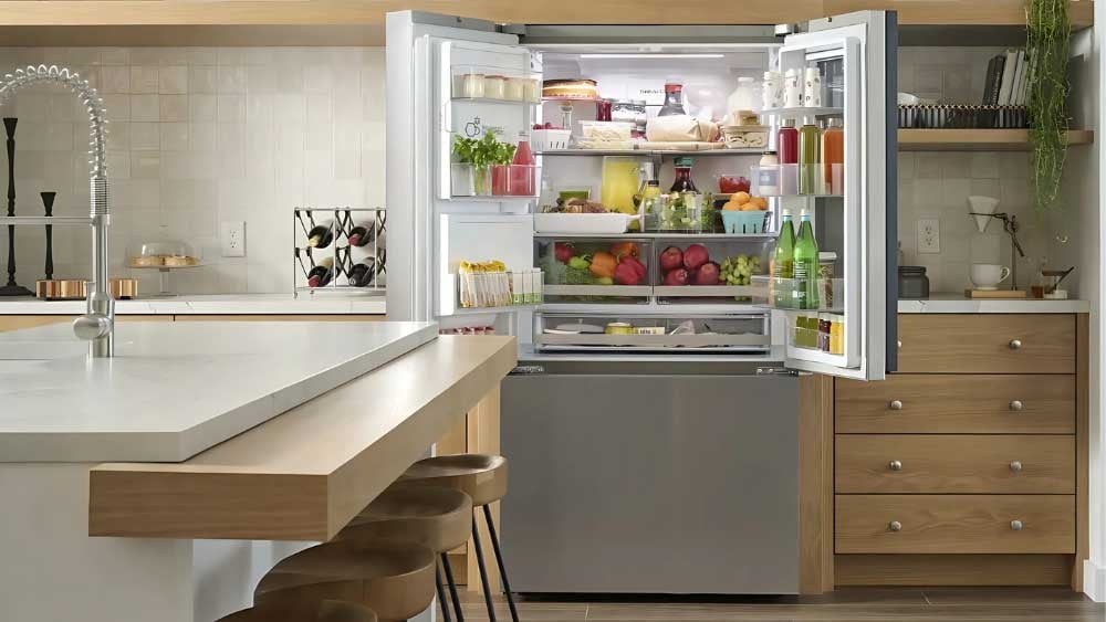 Front view of an LG high-capacity counter-depth French door refrigerator.