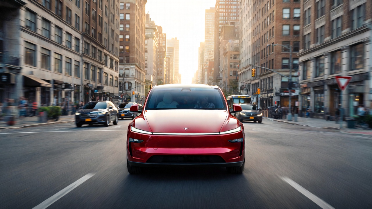 A white Tesla navigating a busy urban street with supervised driving software active.