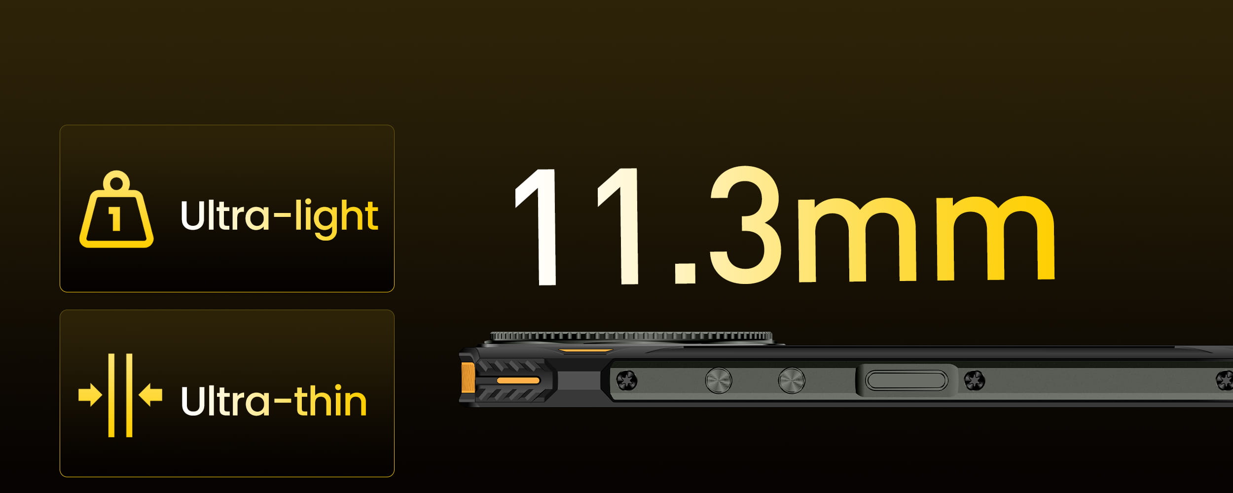 Side profile view of a slim Panther2 Pro rugged phone showing its 11.3mm thickness.