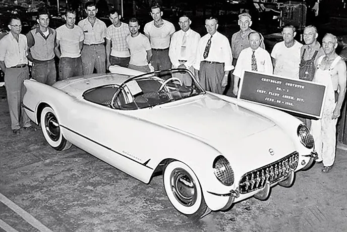 Front view of the 1953 Corvette showing its iconic toothy chrome grill and round headlights.