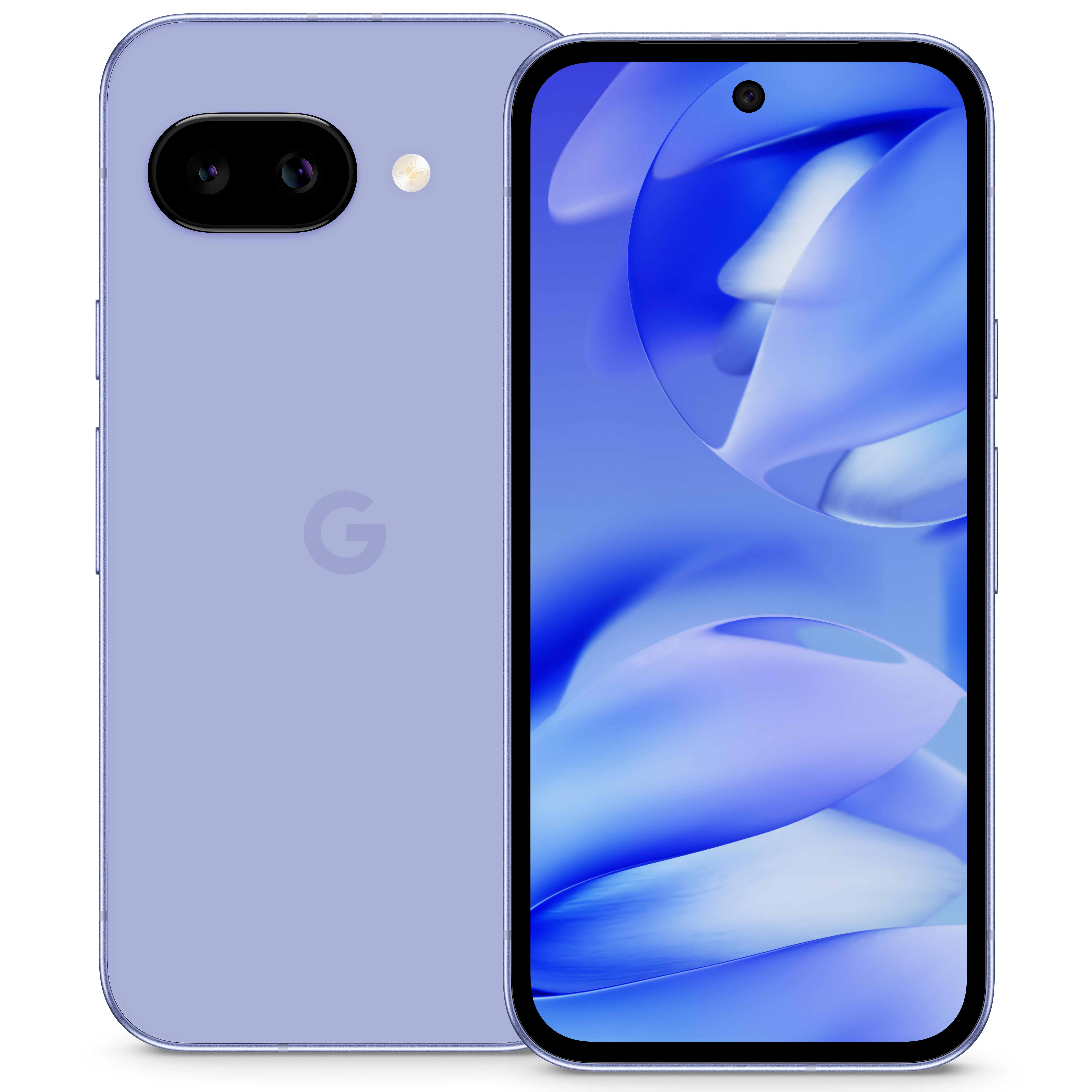 Front and back view of the Google Pixel 9a showing its display and minimalist camera design.