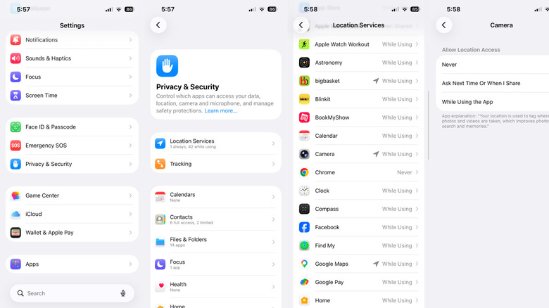 Step-by-step UI flow showing how to navigate to iOS Location Services to disable Camera access.