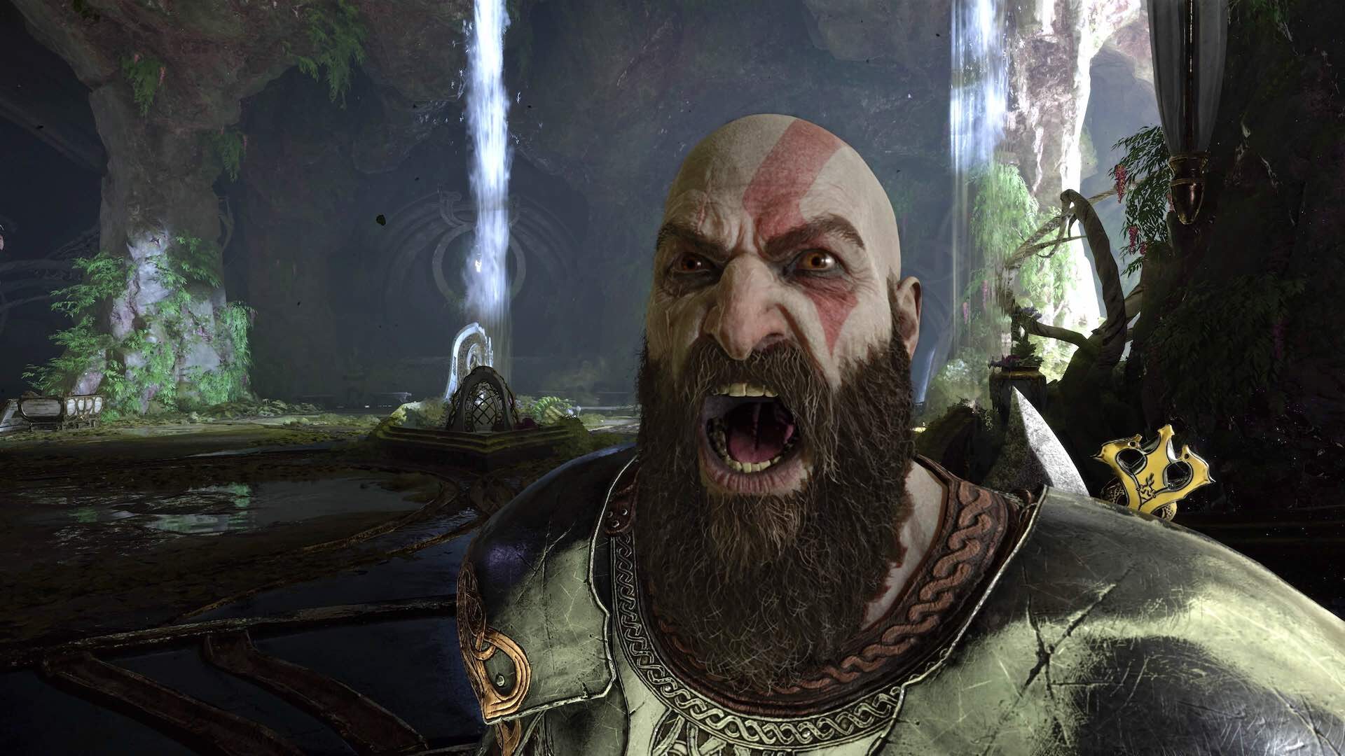 A high-fidelity character render of Kratos from the game God of War Ragnarok.