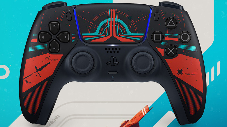 The limited edition Concord PS5 DualSense controller with teal and red accents on a dark shell.
