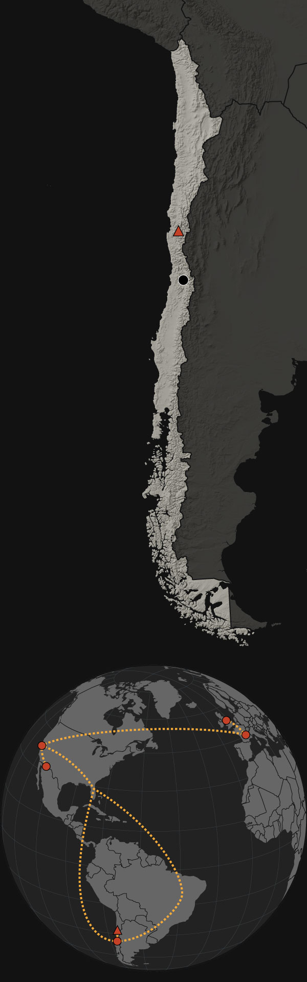 Infographic map showing data flow from Chile to California, France, and Britain.