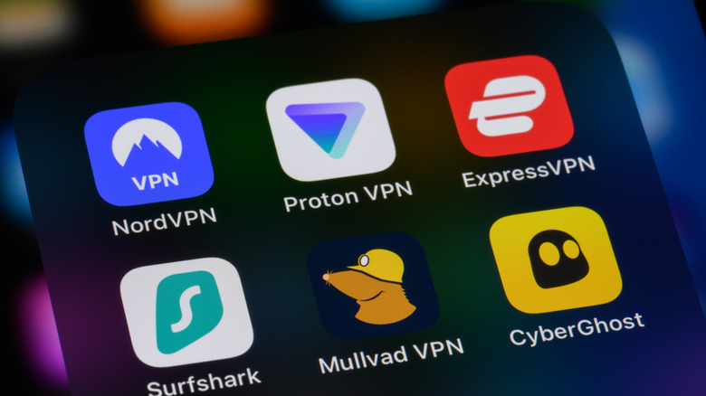 A smartphone screen displaying icons for various VPN services including NordVPN and ExpressVPN.