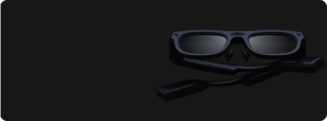 First-person view through AR glasses showing navigation arrows and landmark tags on a city street