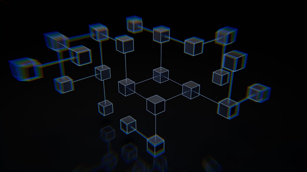 Network of glowing blocks representing a secure blockchain database for vehicle identification.