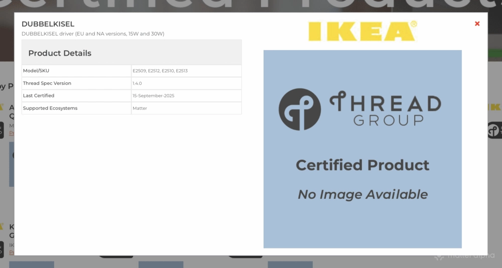 Close-up of an IKEA DUBBELKISEL smart driver used for connecting integrated lighting to a Matter-over-Thread network.