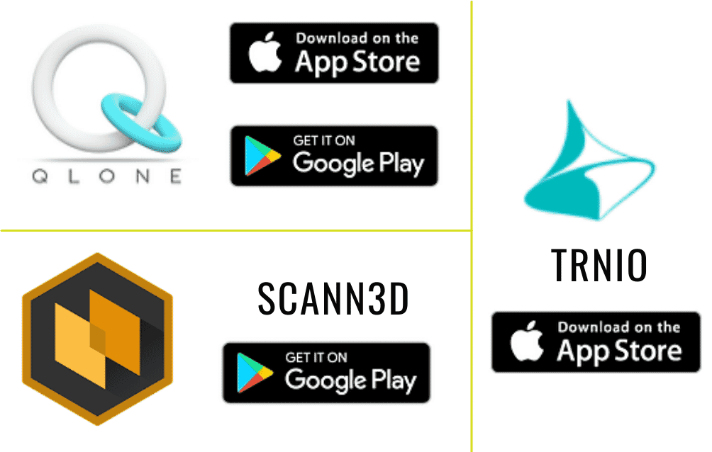 A collection of various 3D scanning app interfaces including Scann3D and Qlone.