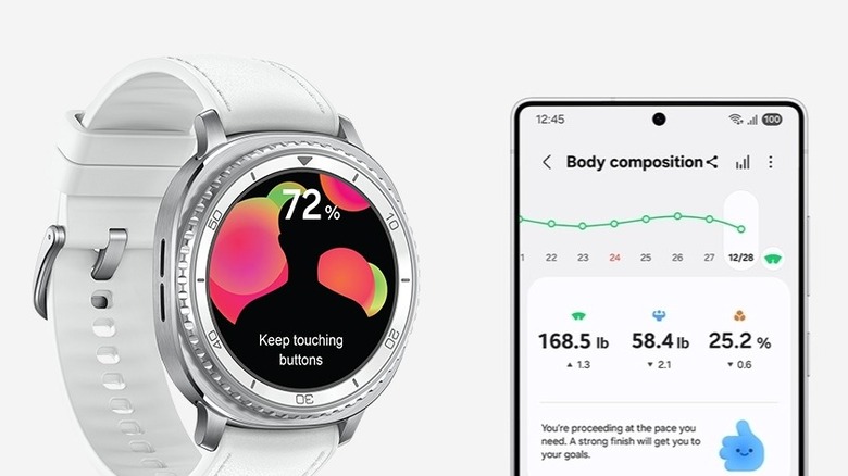 Screenshots of the Samsung Health app on a smartphone and a Galaxy Watch showing body fat percentage and skeletal muscle mass data.