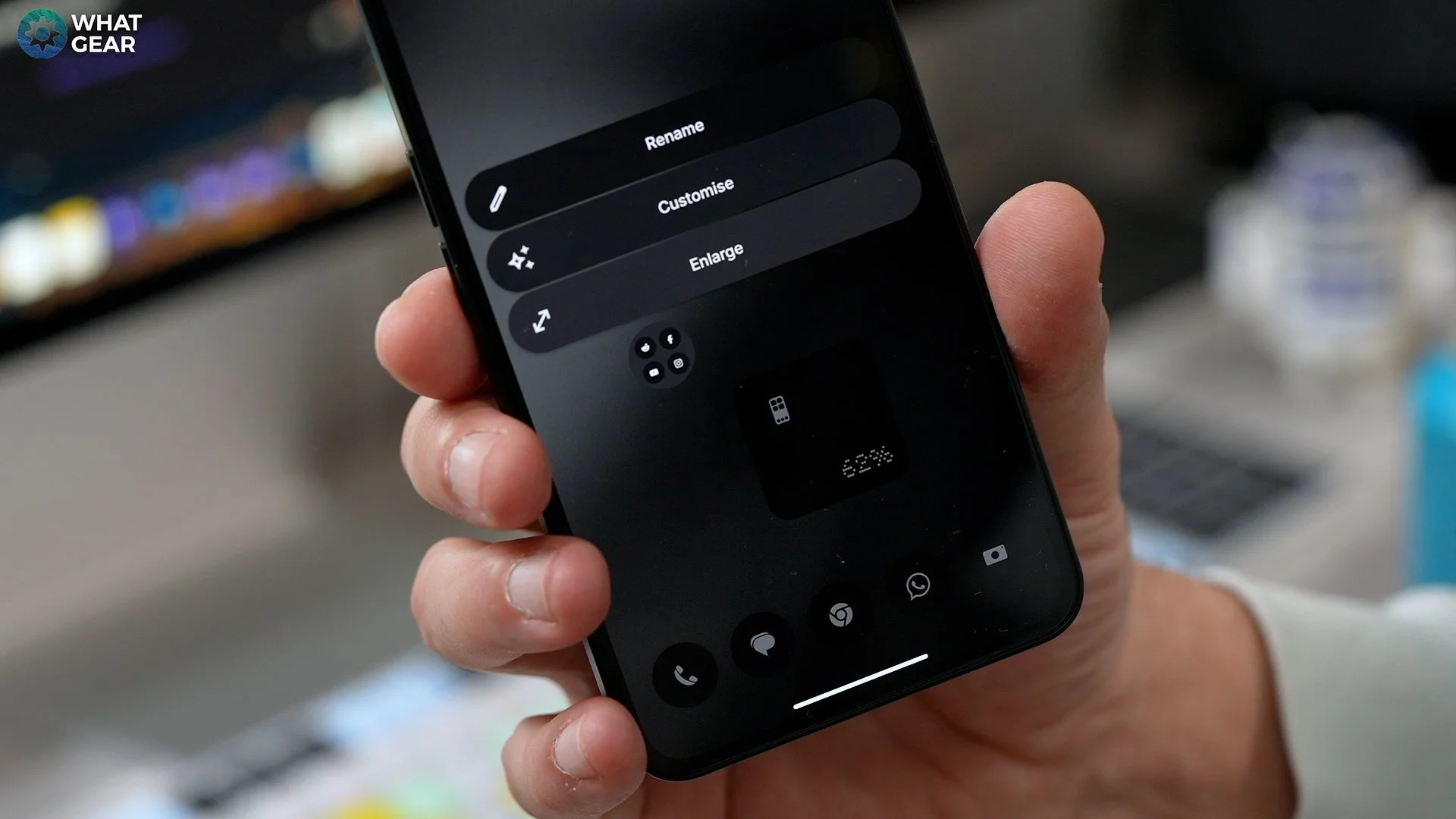 Nothing Phone home screen featuring large monochrome icons and dot-matrix styled widgets.