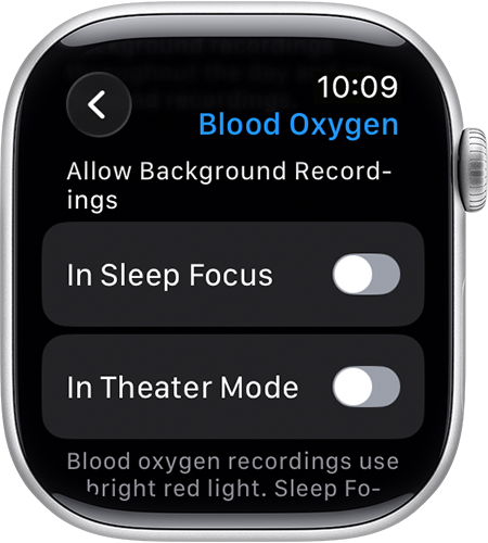 The Blood Oxygen settings menu on an Apple Watch showing toggles for sleep and theater mode.