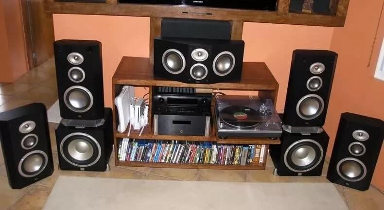 A home theater system where all five speakers are incorrectly placed on a single TV cabinet.