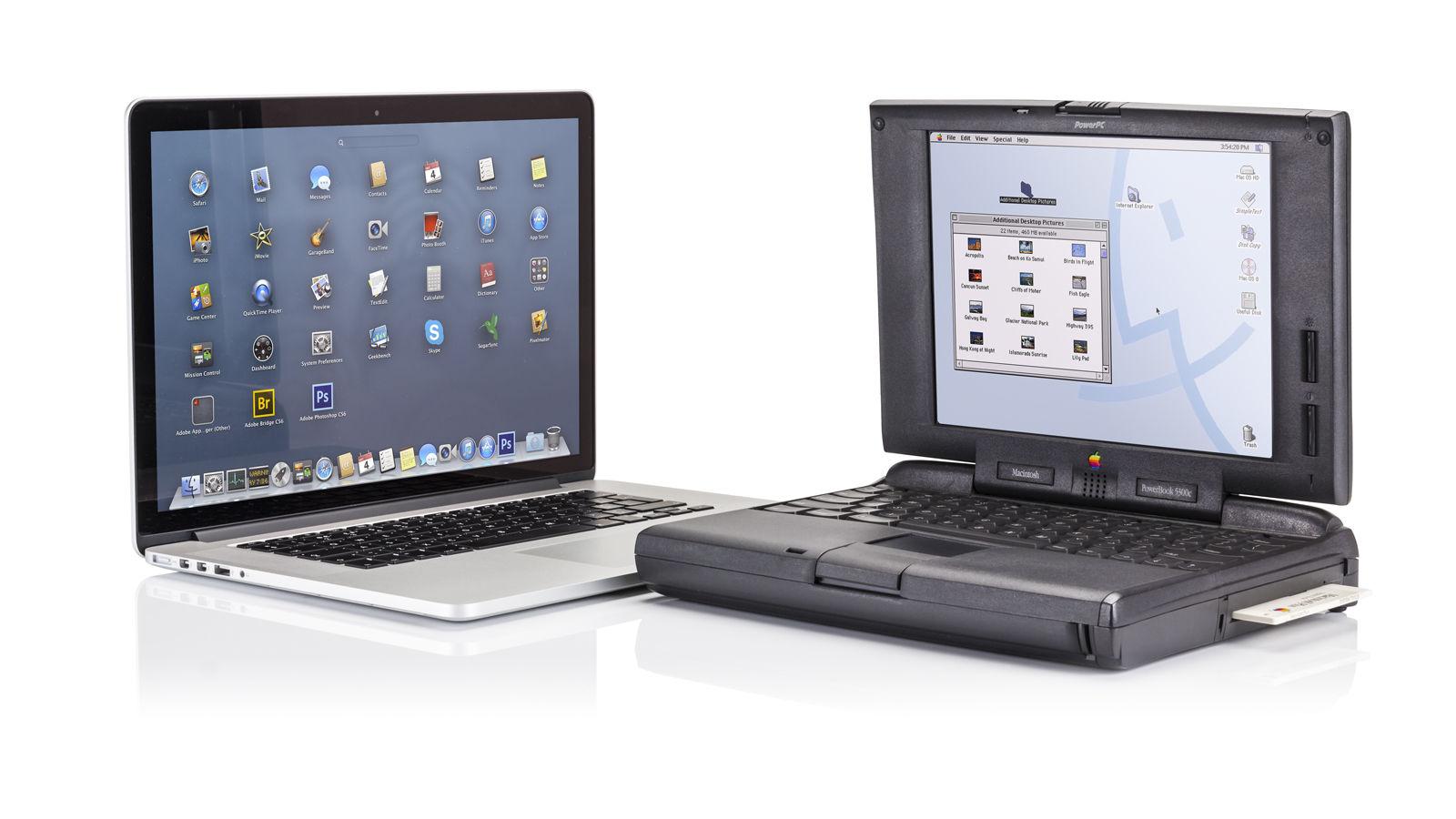 A collection of various older and vintage Apple Mac computers and laptops showing hardware evolution.